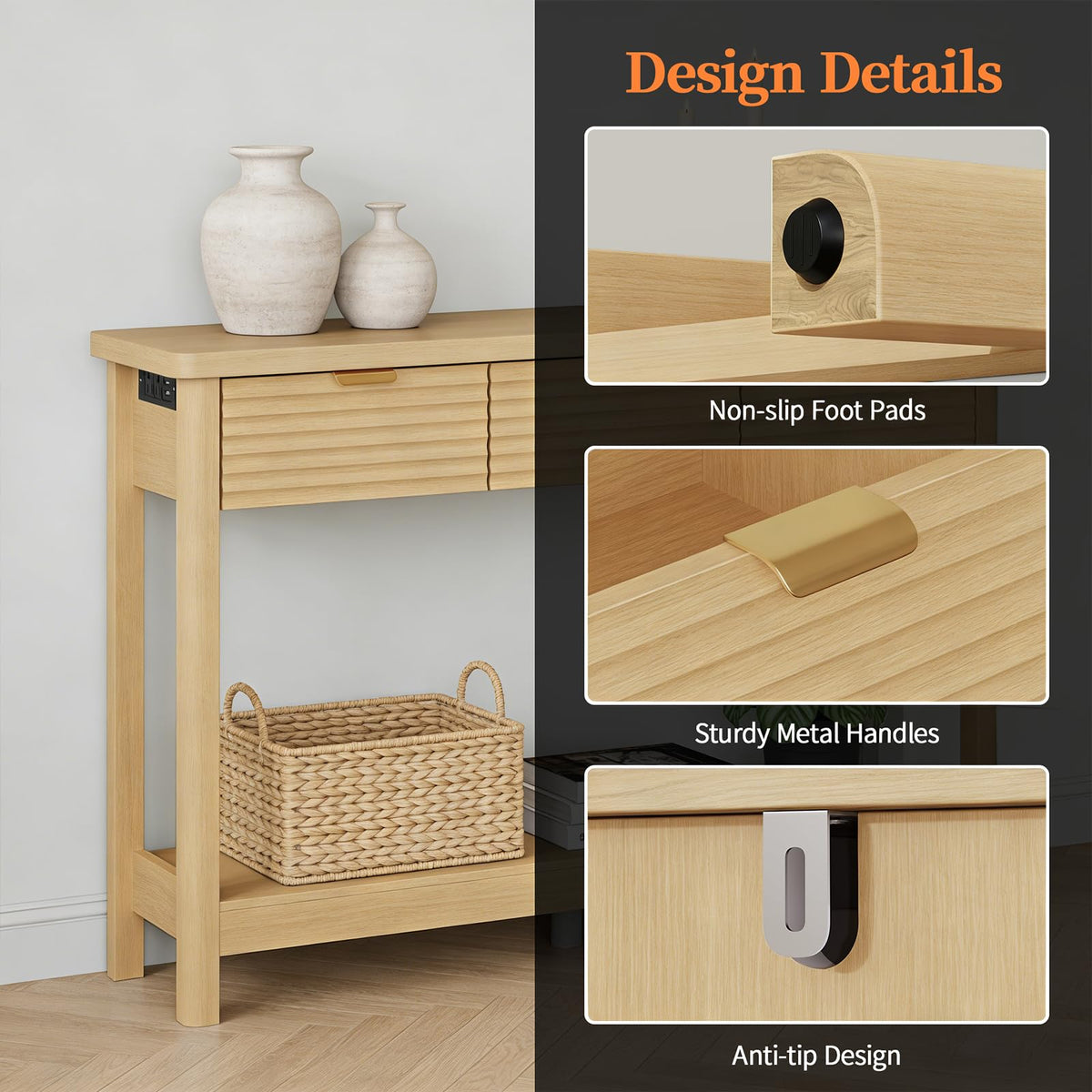 47.2" Narrow Console Table with 3 Drawers & Charging Station, Oak U476166