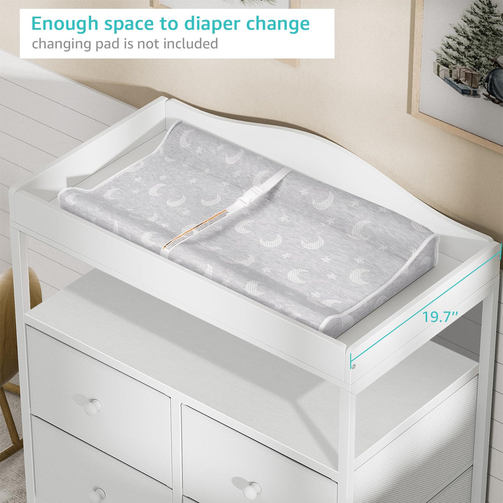 White Changing Table Dresser with 4 Fabric Drawers and Open Shelf L44409