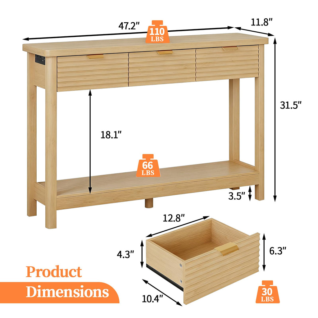 47.2" Narrow Console Table with 3 Drawers & Charging Station, Oak U476166