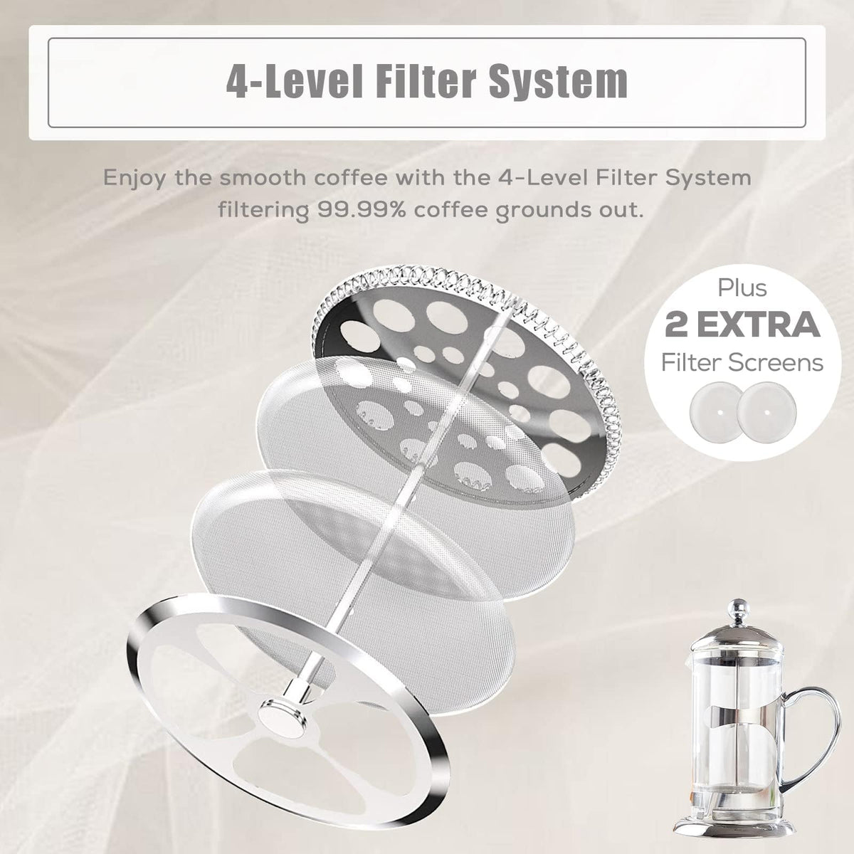 Silver 34oz French Press Coffee Maker with 4-Level Filter System J17175