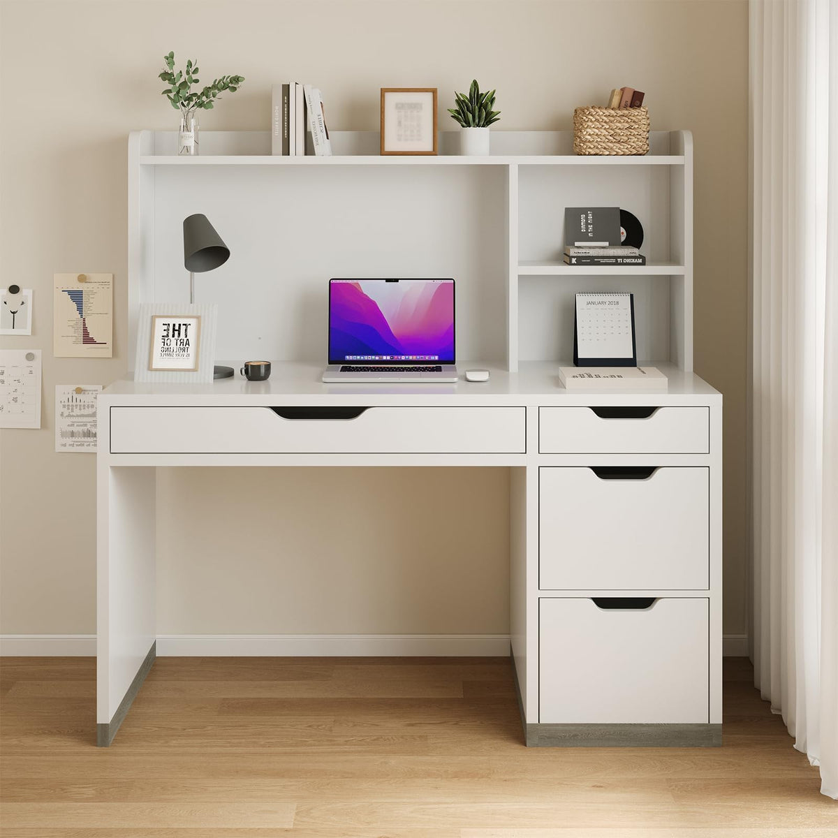 White Desk with Hutch and 4 Drawers E3599