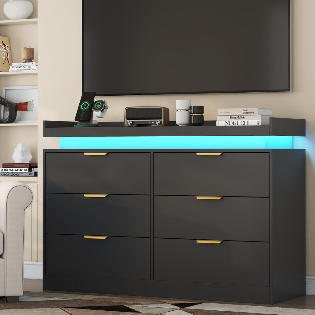 Black 6 Drawer Wood Dresser with LED Lights and Power Outlet G539637