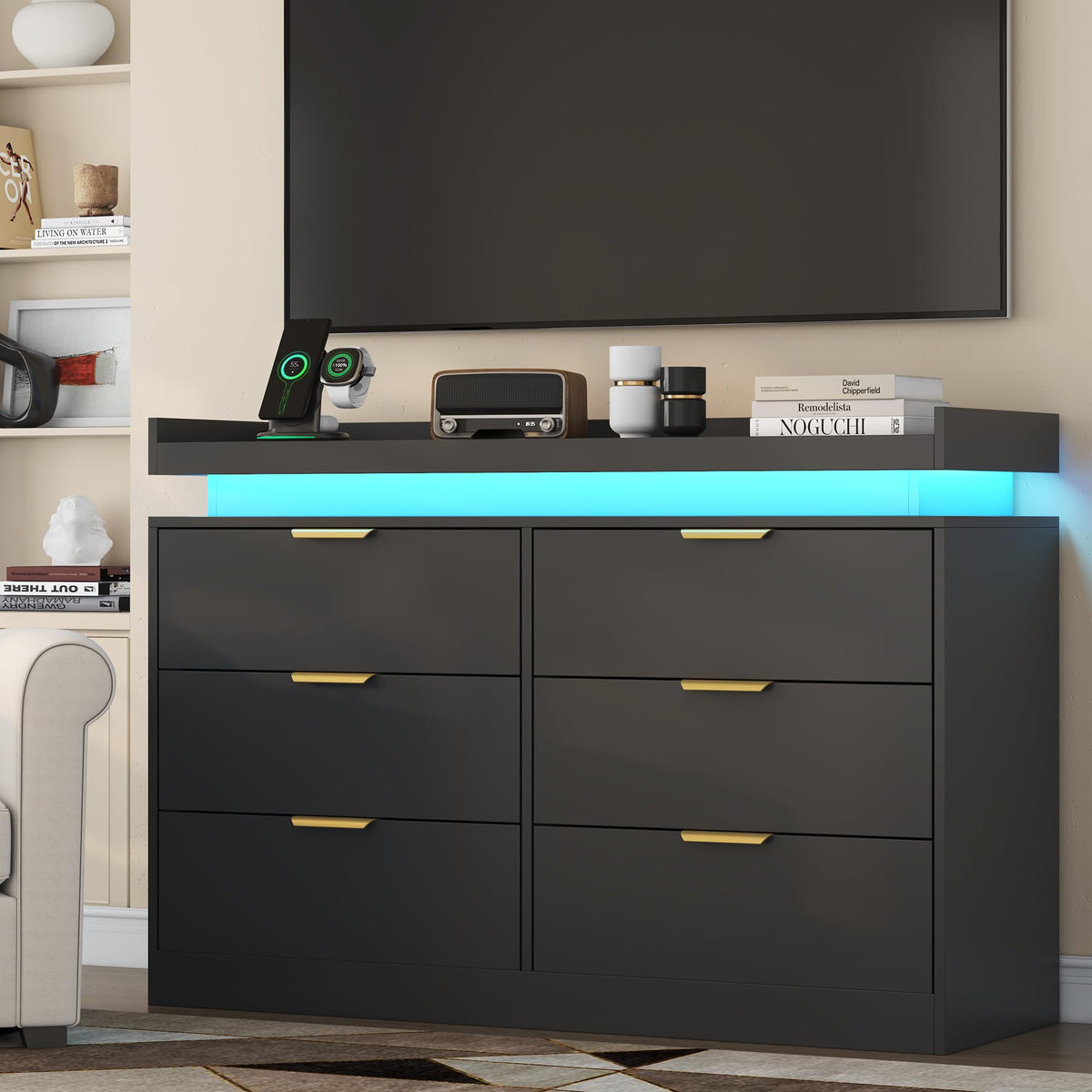Black 6 Drawer Wood Dresser with LED Lights and Power Outlet G539637
