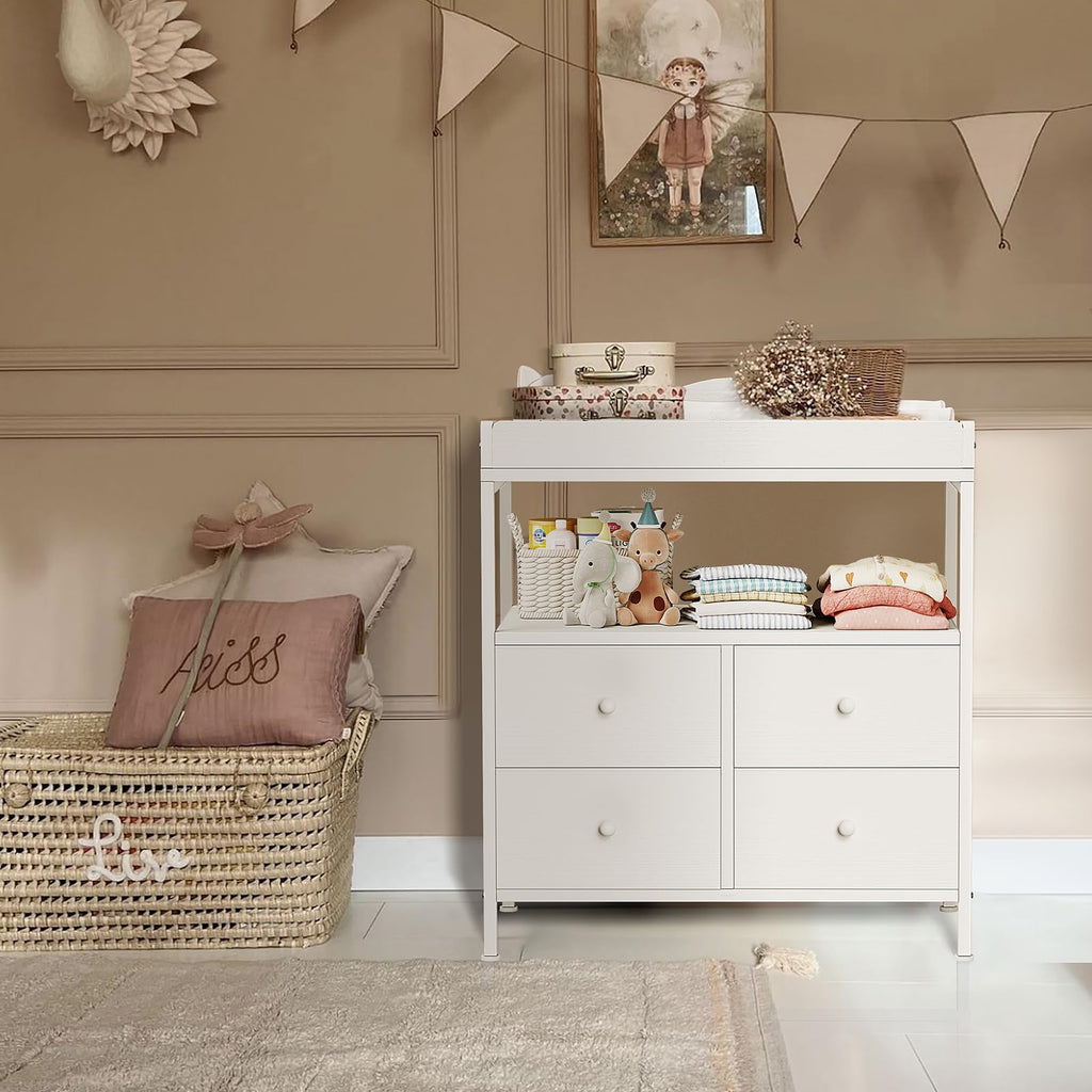 White Changing Table Dresser with 4 Fabric Drawers and Open Shelf L44409