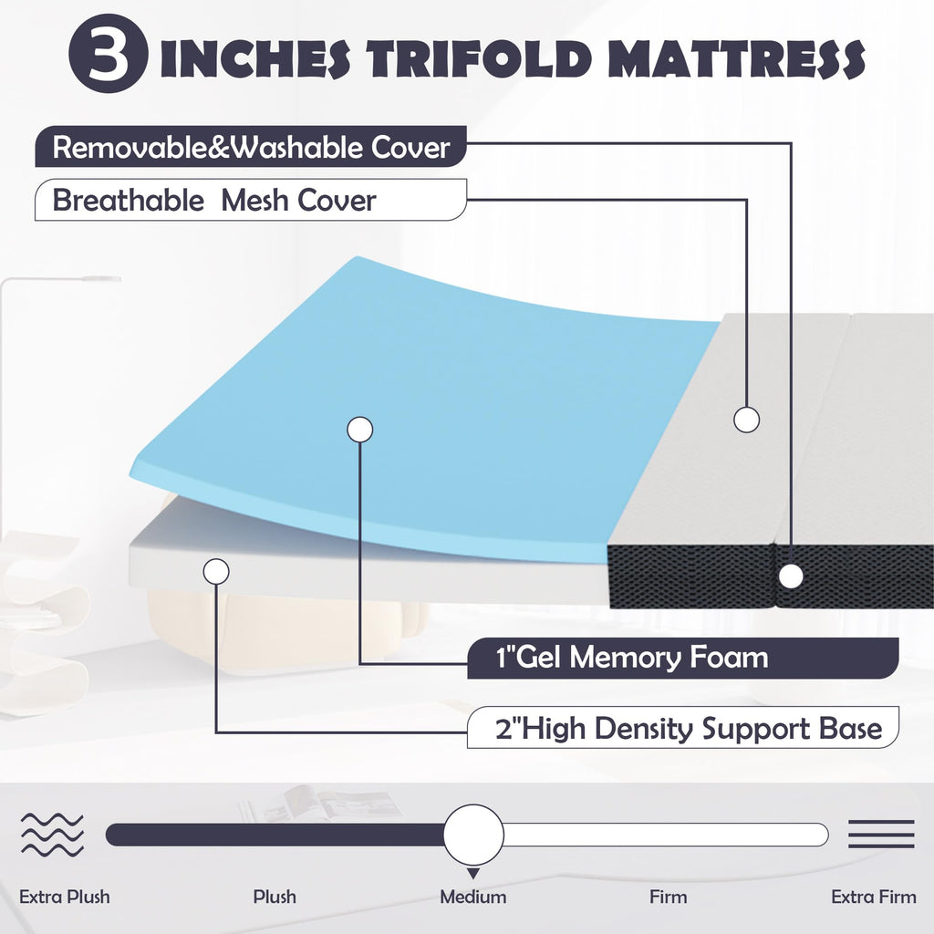 Memory Foam Folding Mattress Full 3 Inch Trifold with Washable Cover P110