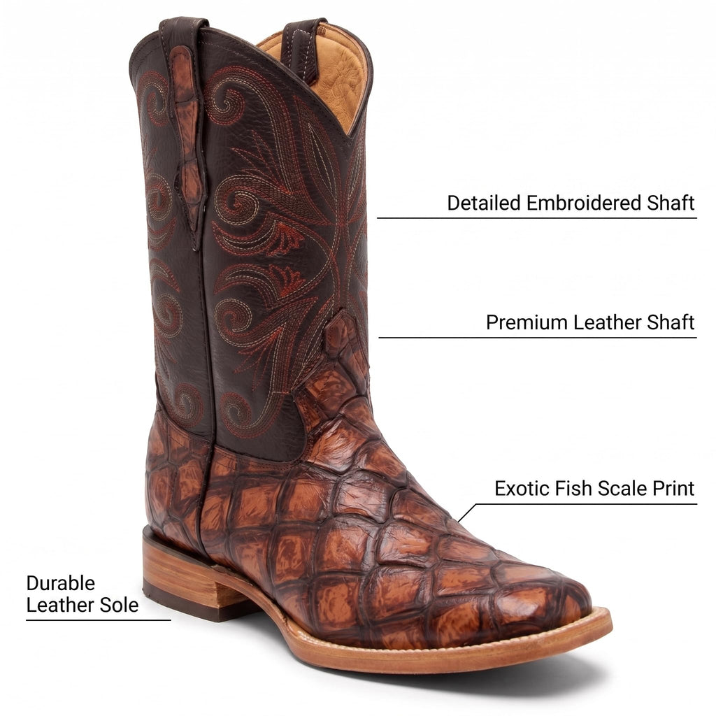 Leather Pirarucu Fish Print Western Boots D993
