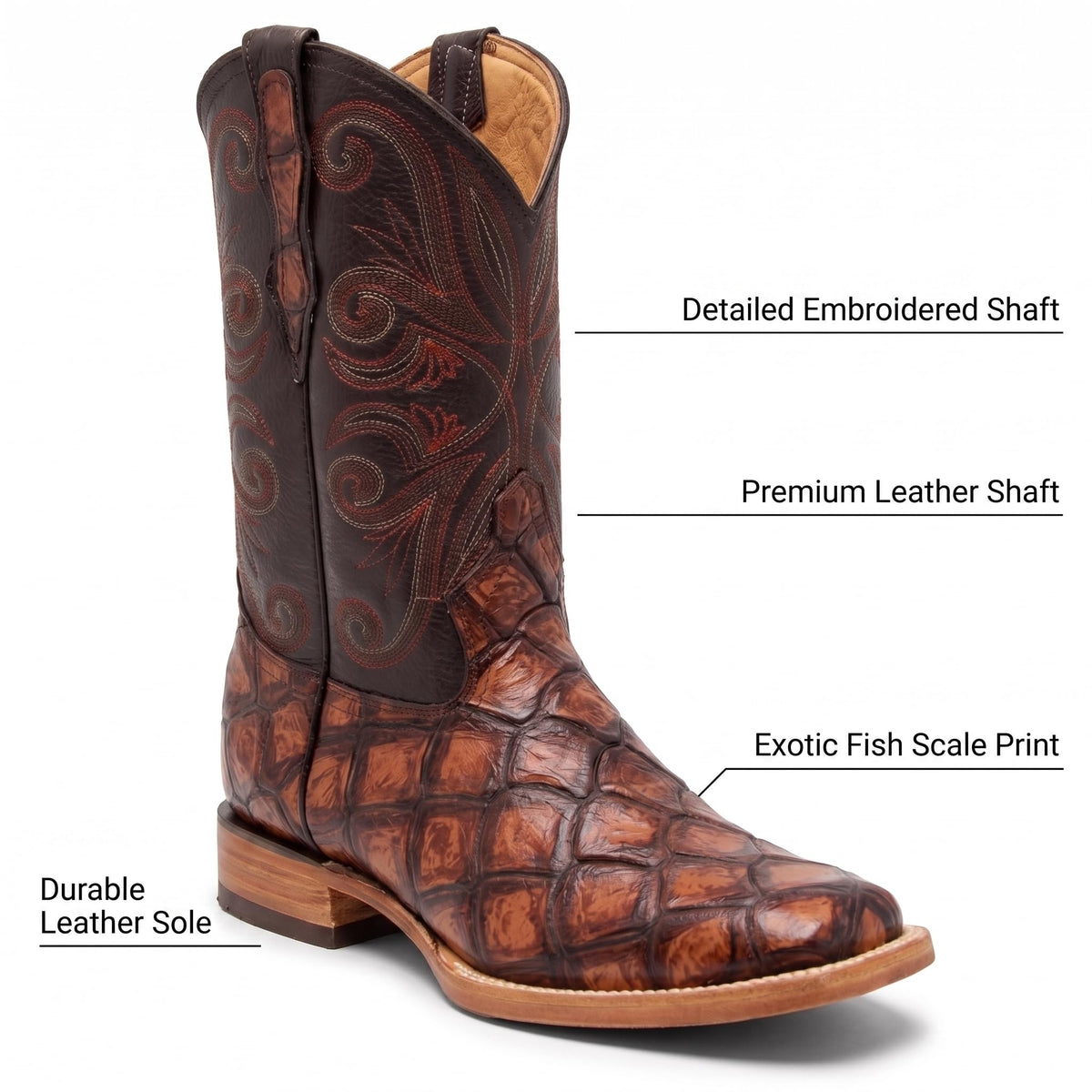 Leather Pirarucu Fish Print Western Boots D993