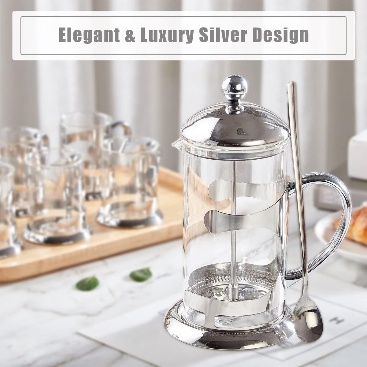 Silver 34oz French Press Coffee Maker with 4-Level Filter System J17175