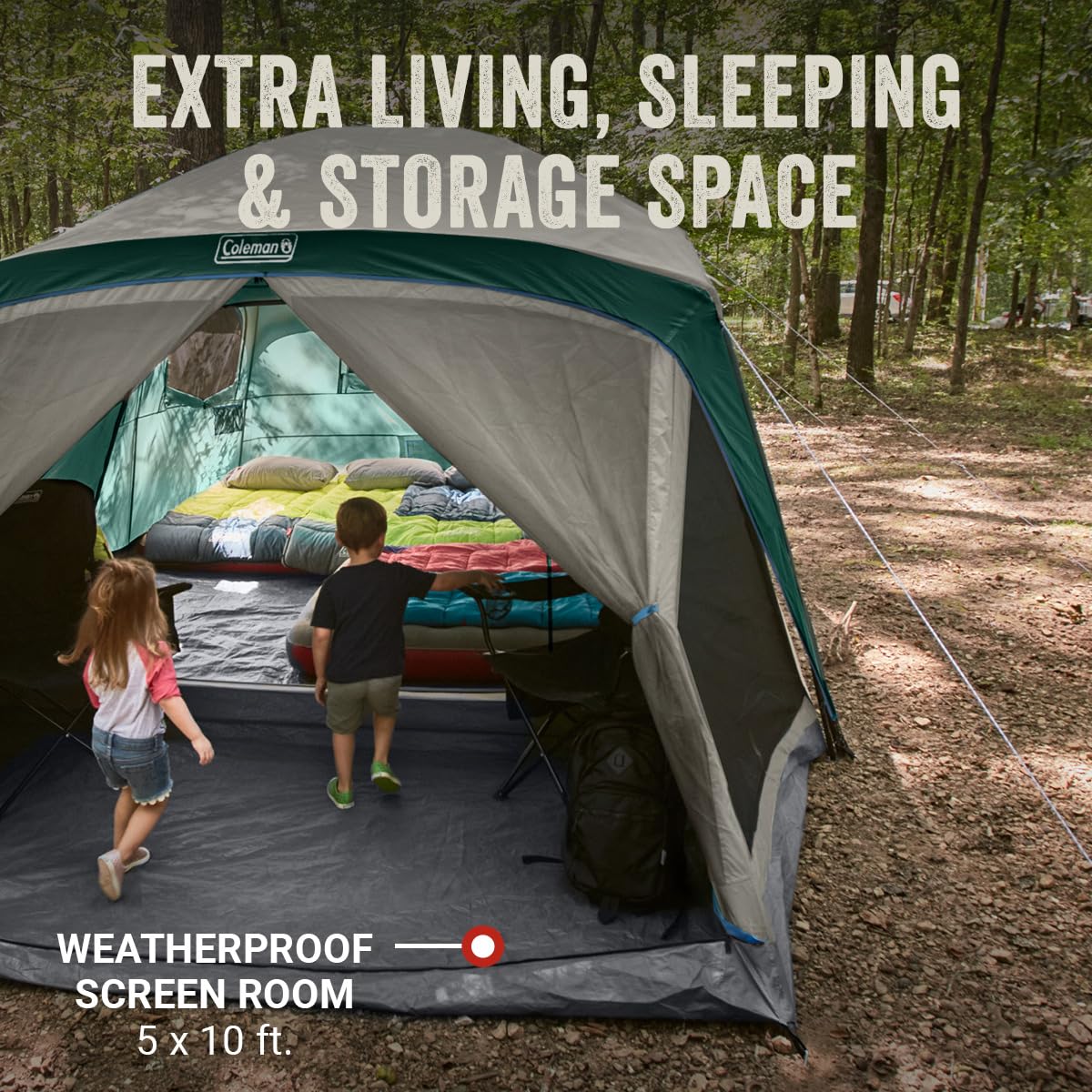 Camping Tent with Rainfly & Screened Porch, Weatherproof Family Tent Fits 4 Queen-Sized Airbeds M62058