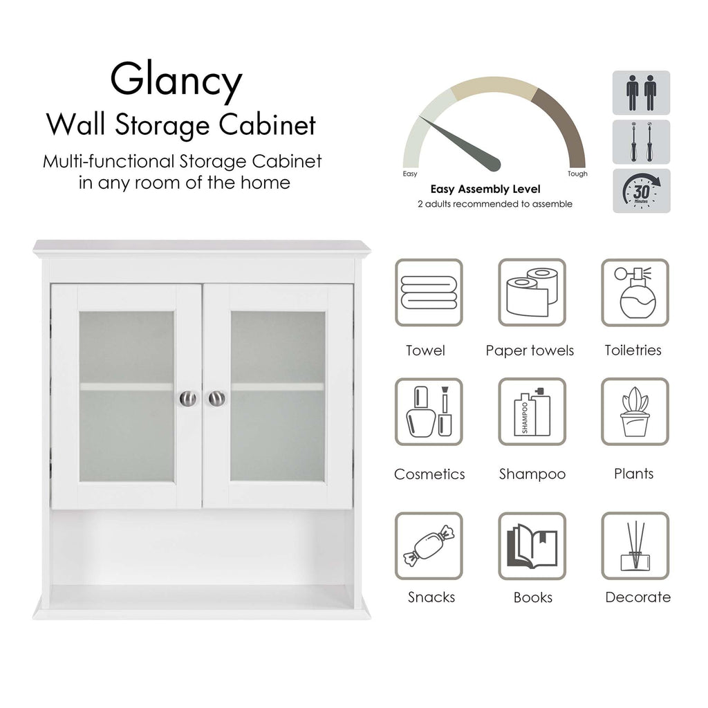 White Bathroom Wall Cabinet with Glass Doors B34372