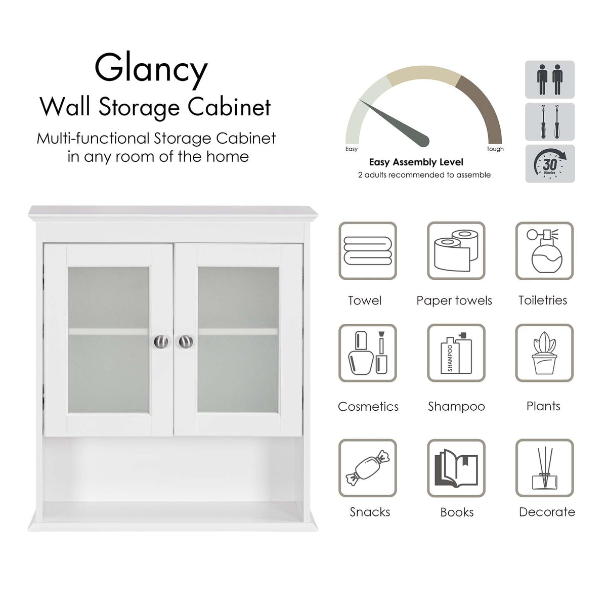 White Bathroom Wall Cabinet with Glass Doors B34372
