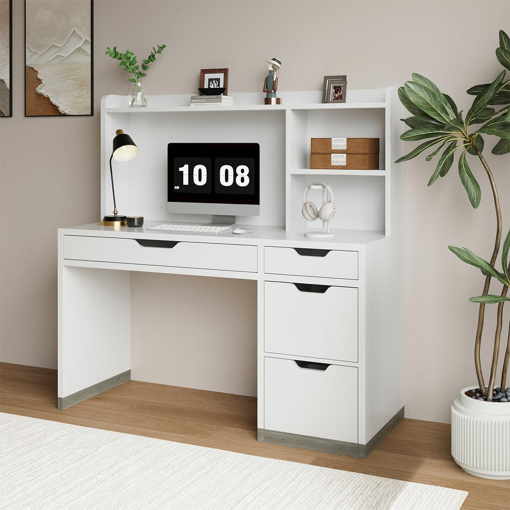 White Desk with Hutch and 4 Drawers E3599