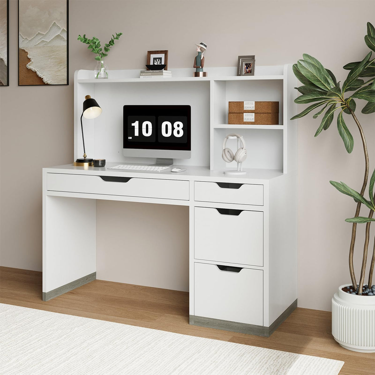 White Desk with Hutch and 4 Drawers E3599