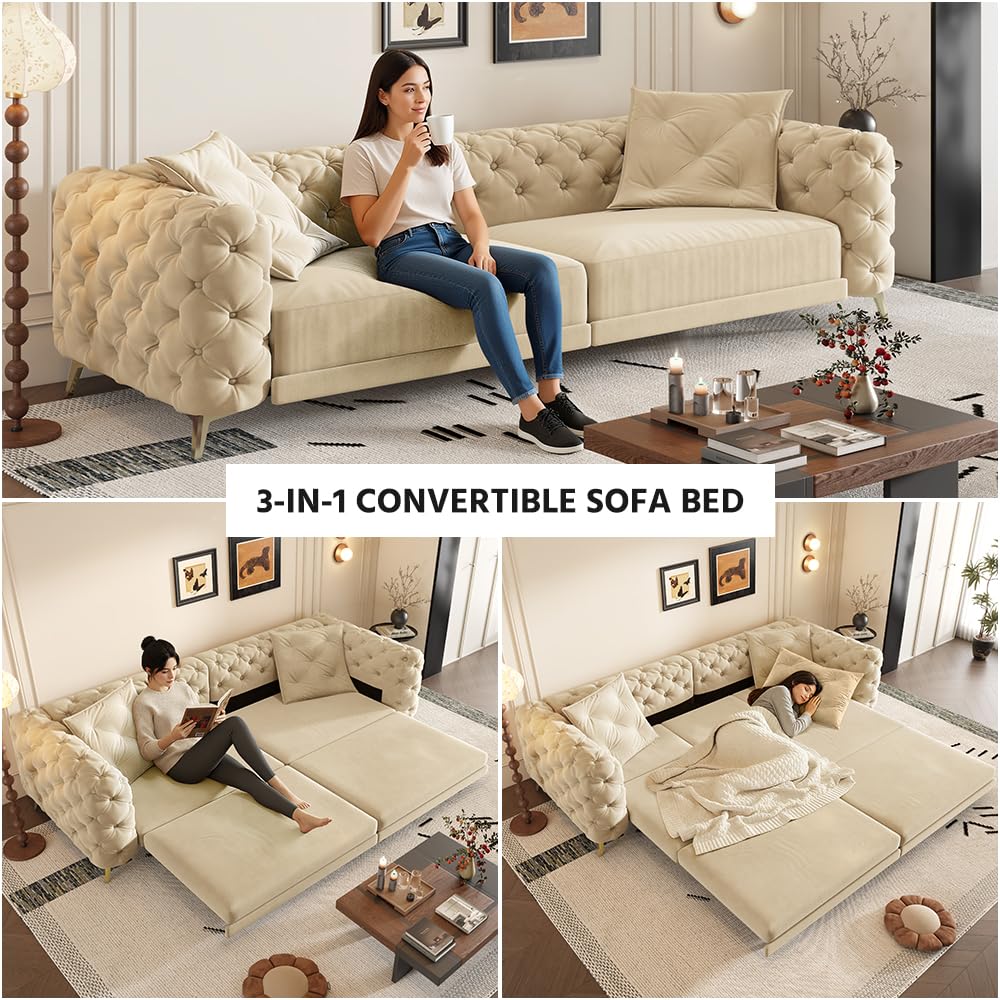 Velvet 3-in-1 Convertible Sleeper Sofa with Movable Ottoman W62244