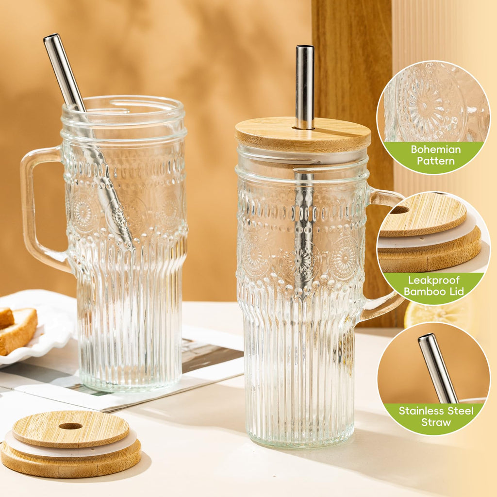 24 oz Glass Tumbler with Bamboo Lid and Handle M27792