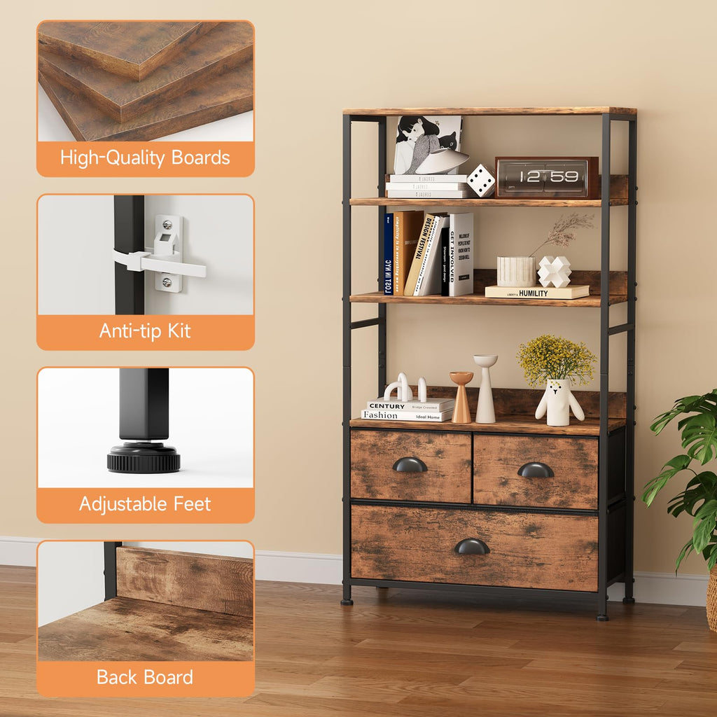 47-Inch 6 Tier Wood and Metal Bookshelf with 3 Fabric Drawers Y147427