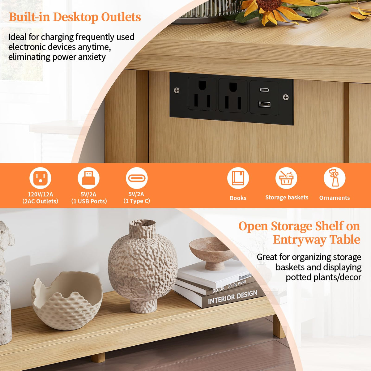 47.2" Narrow Console Table with 3 Drawers & Charging Station, Oak U476166