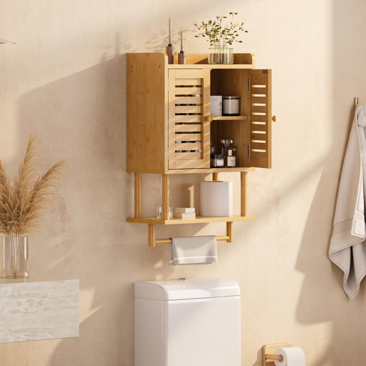 Bamboo Over The Toilet Storage Cabinet with Towel Bar H311