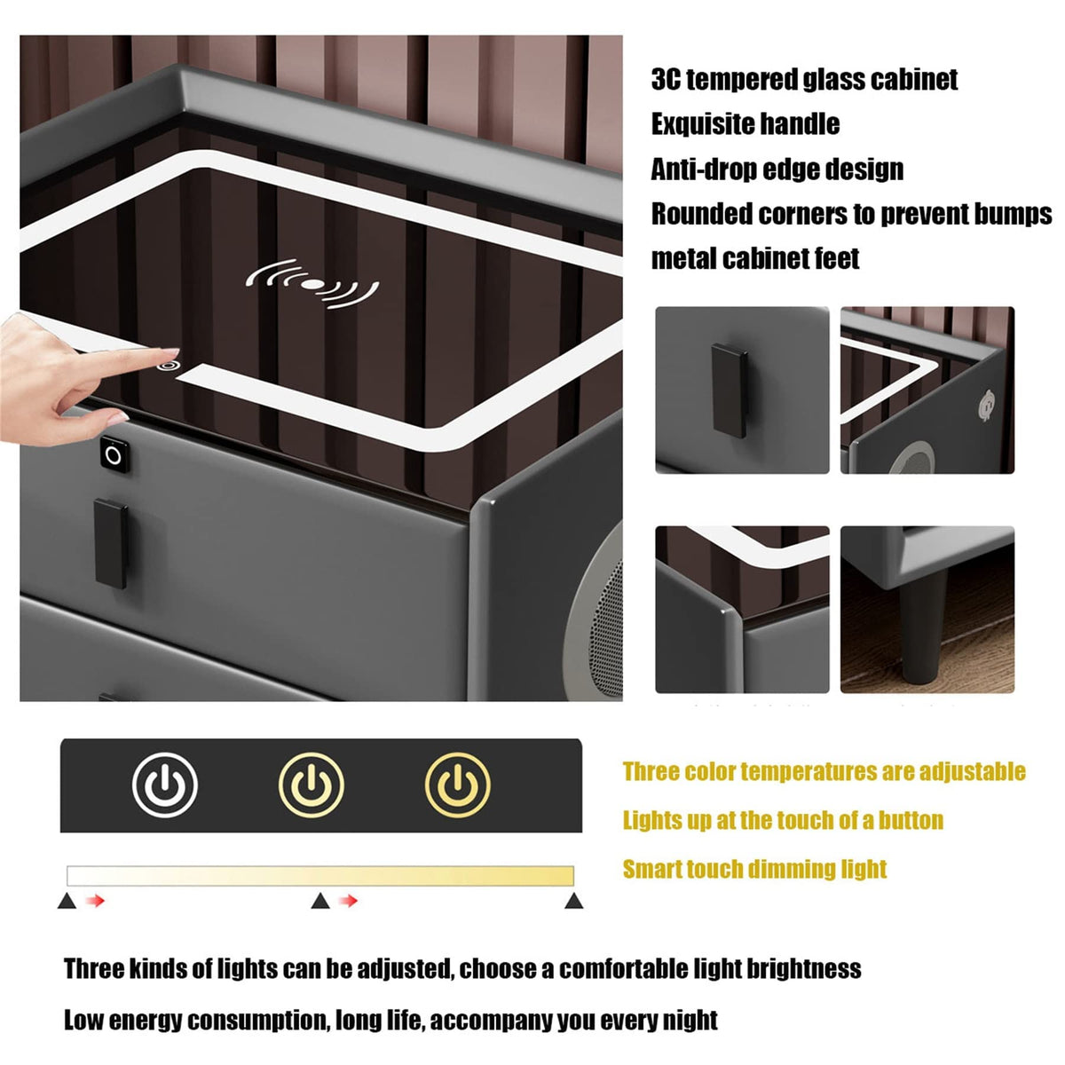 White Nightstand with Charging Station and Bluetooth Speaker F87054