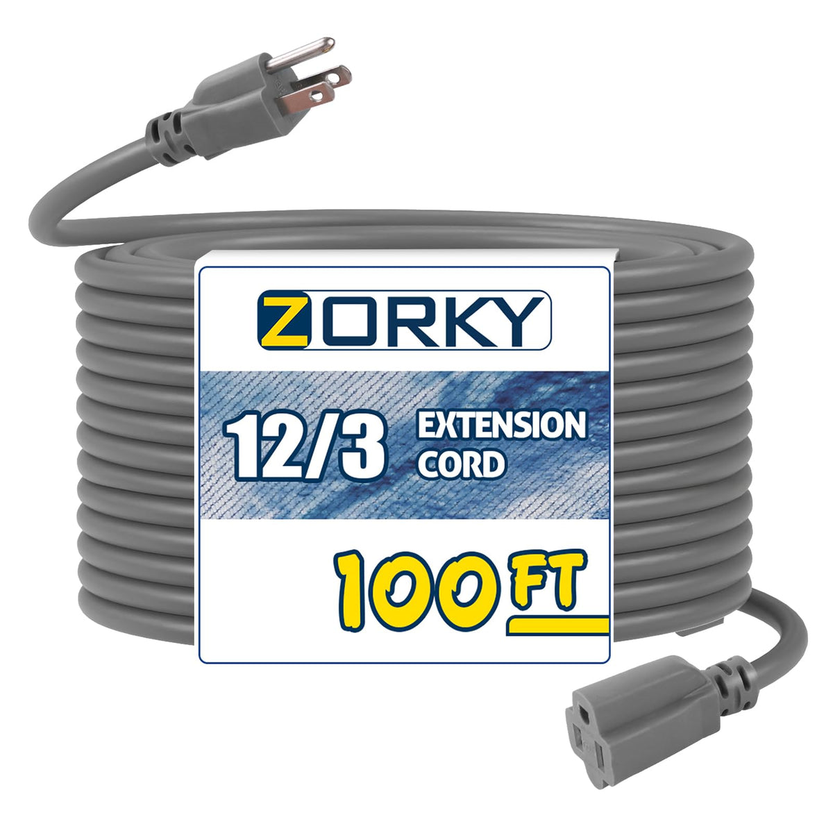 100ft Indoor Outdoor Extension Cord 12/3 SJTW Heavy Duty 15Amp 1875W Gray C8443