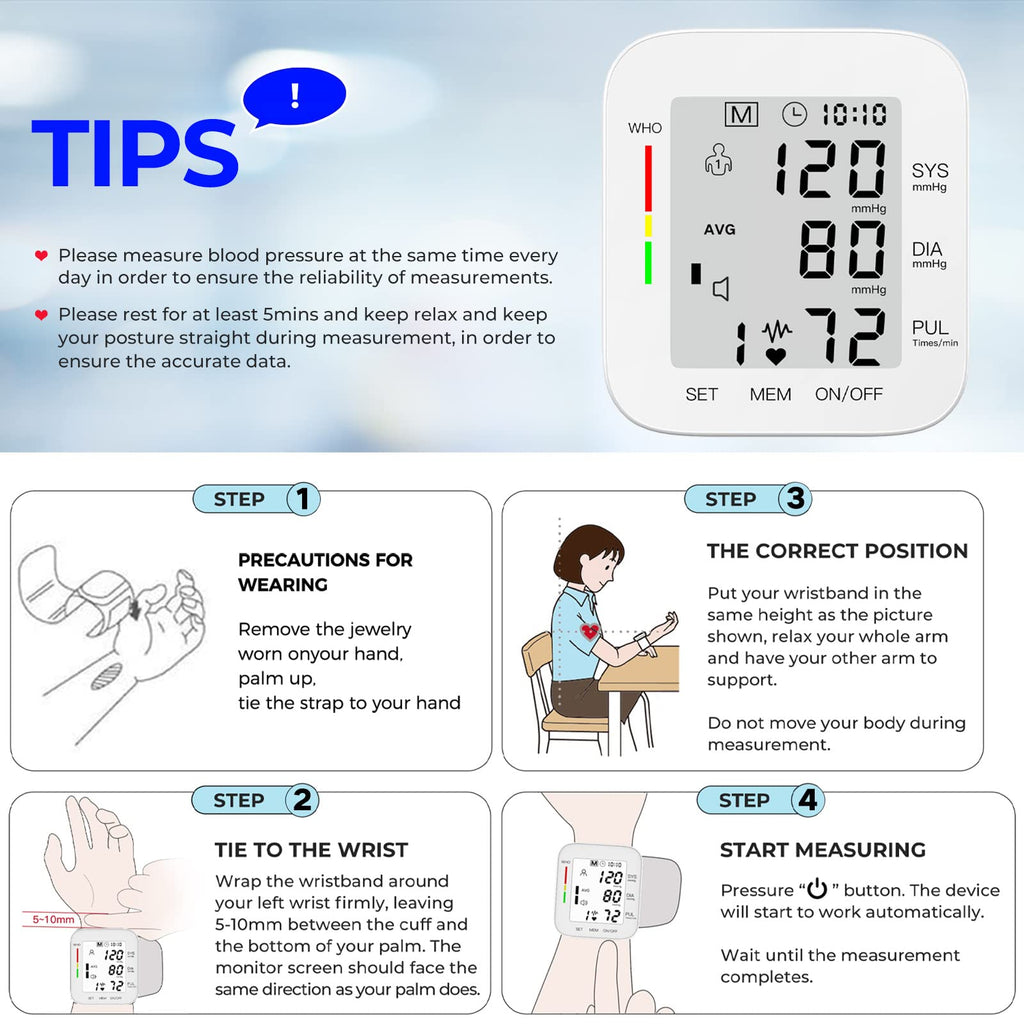 Wrist Blood Pressure Monitor Large LCD Display Adjustable Cuff 99x2 Sets Memory with Carrying Case White Pack of 5 Q269