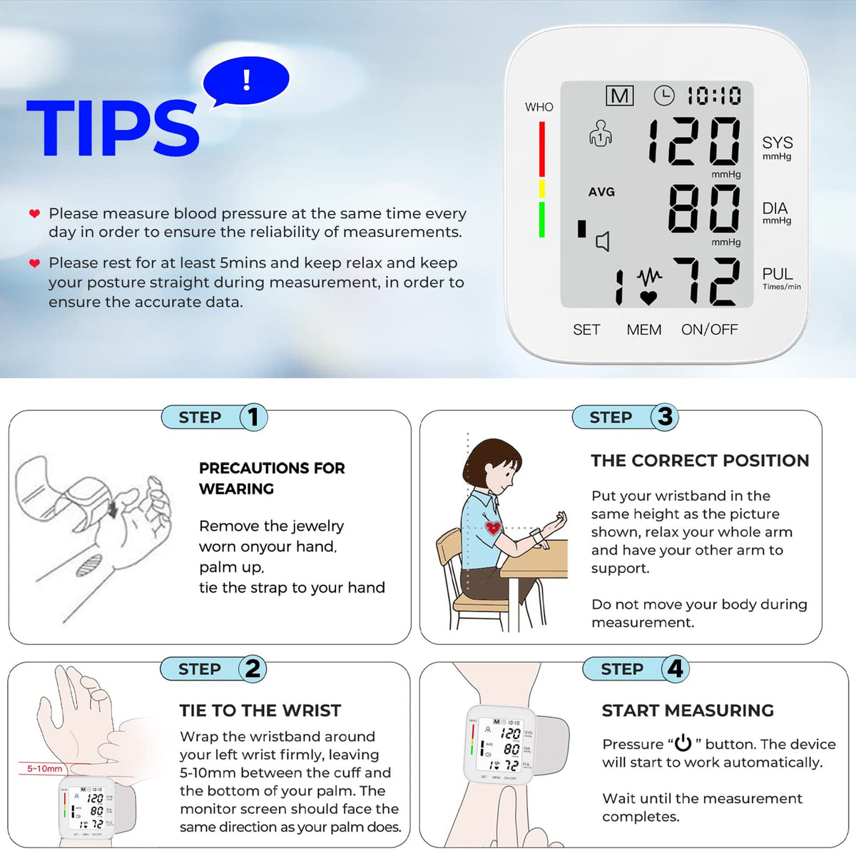 Wrist Blood Pressure Monitor Large LCD Display Adjustable Cuff 99x2 Sets Memory with Carrying Case White Pack of 5 Q269