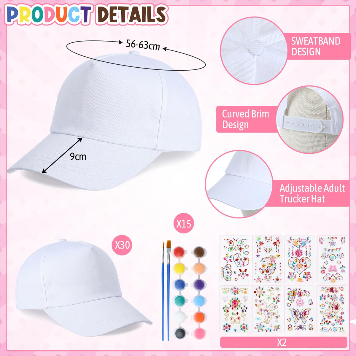 30 Pcs White Blank Adjustable Baseball Caps with Acrylic Paint Brushes T43392