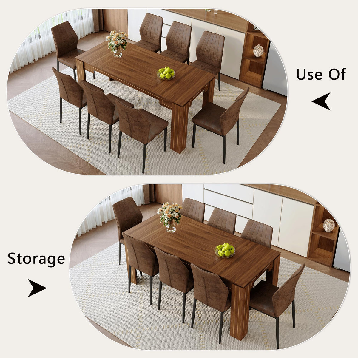 Walnut Dining Table Set with 8 Brown Fabric Chairs V228