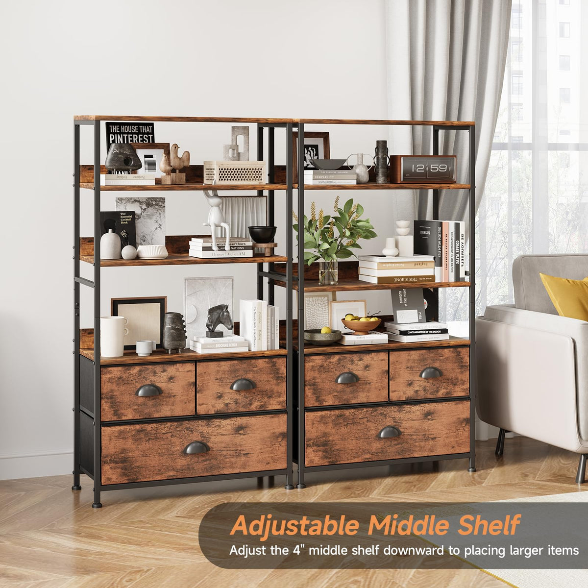 47-Inch 6 Tier Wood and Metal Bookshelf with 3 Fabric Drawers Y147427