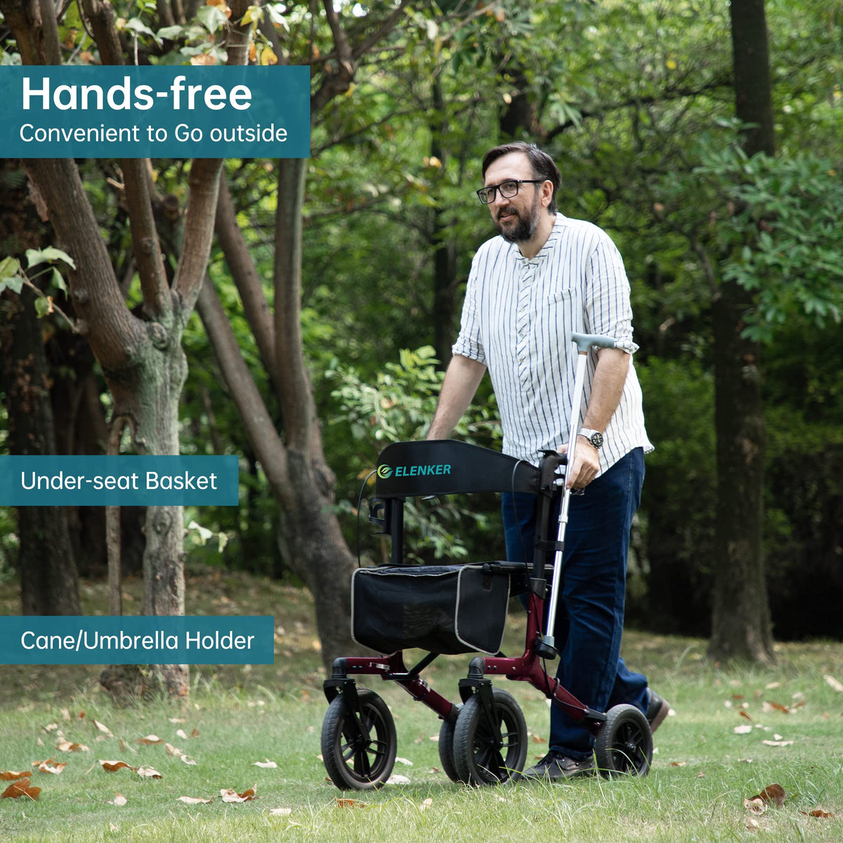 All-Terrain Rollator Walker with 12” Front Wheels, Compact Folding, Red F999