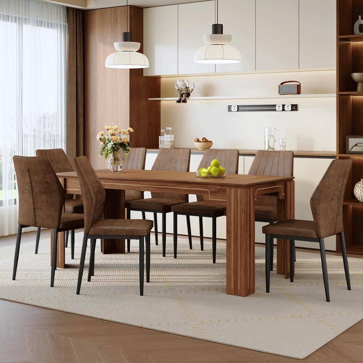Walnut Dining Table Set with 8 Brown Fabric Chairs V228