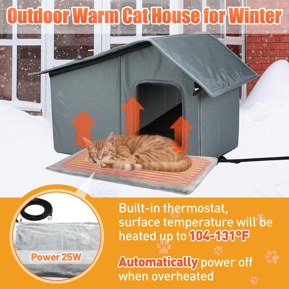 Weatherproof Outdoor Heated Cat House with Thermostatic Heating Pad Z843