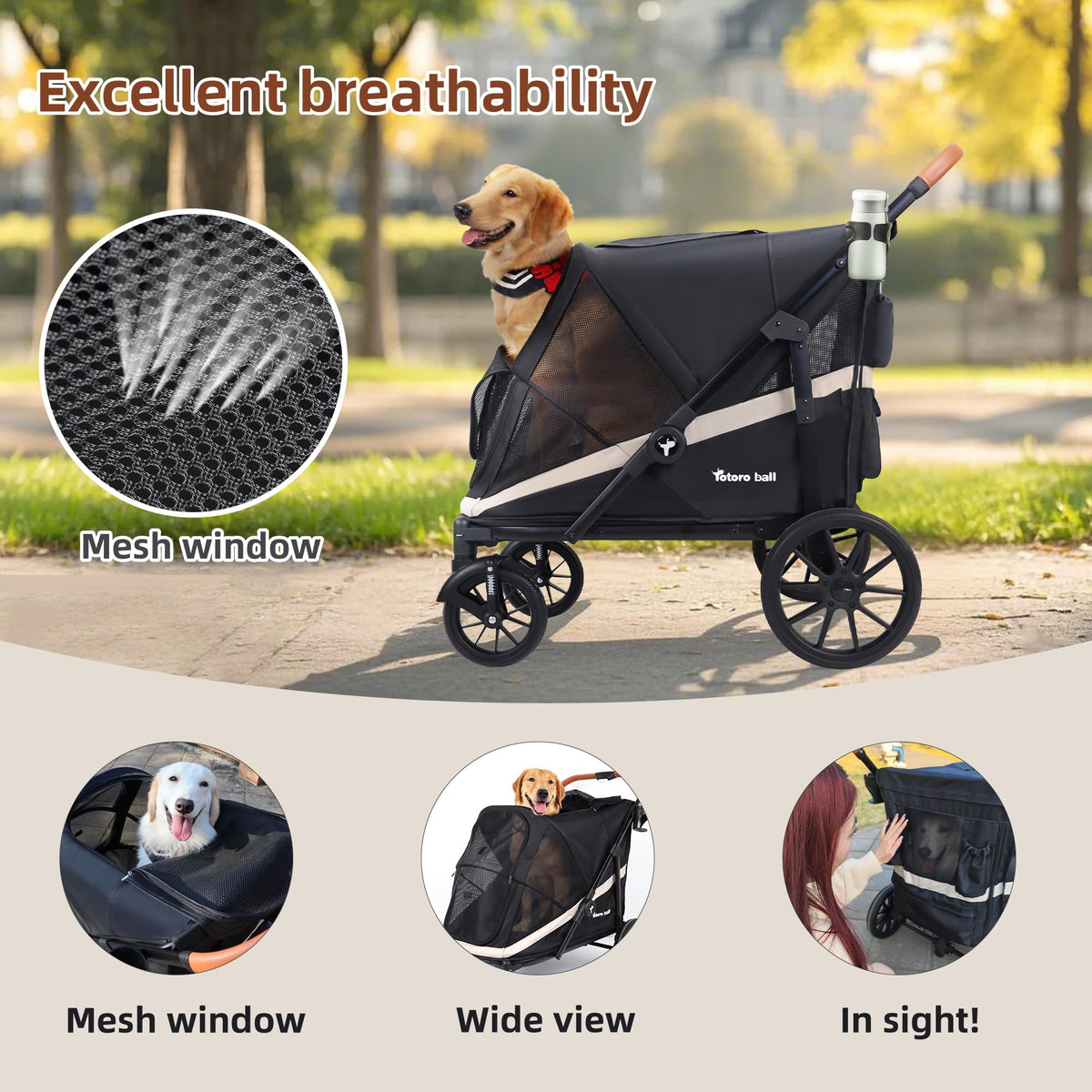 Black Large 4 Wheel Dog Stroller with Storage Pocket L494