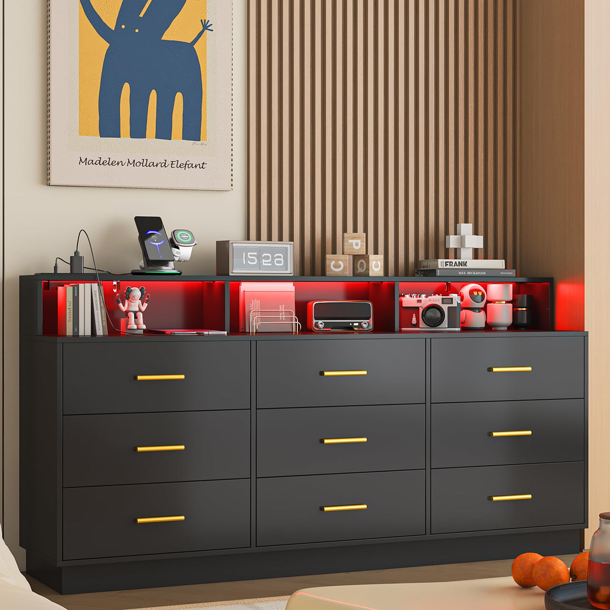 Black 9 Drawer Wood Dresser with LED Light and Power Outlet A605247