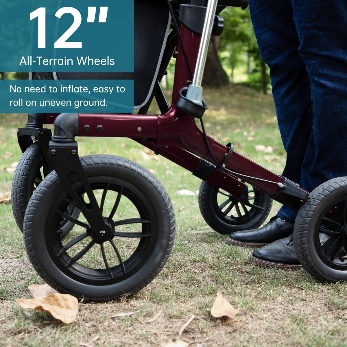 All-Terrain Rollator Walker with 12” Front Wheels, Compact Folding, Red F999