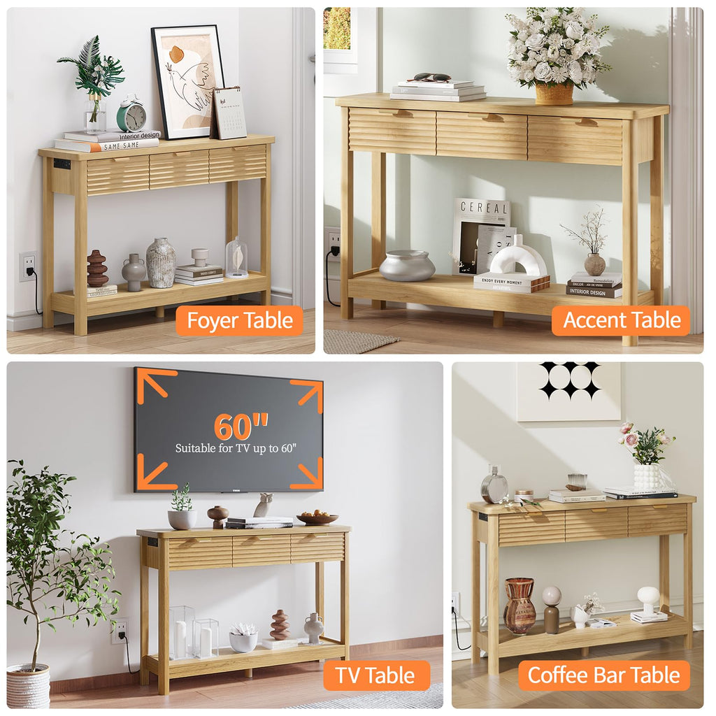 47.2" Narrow Console Table with 3 Drawers & Charging Station, Oak U476166