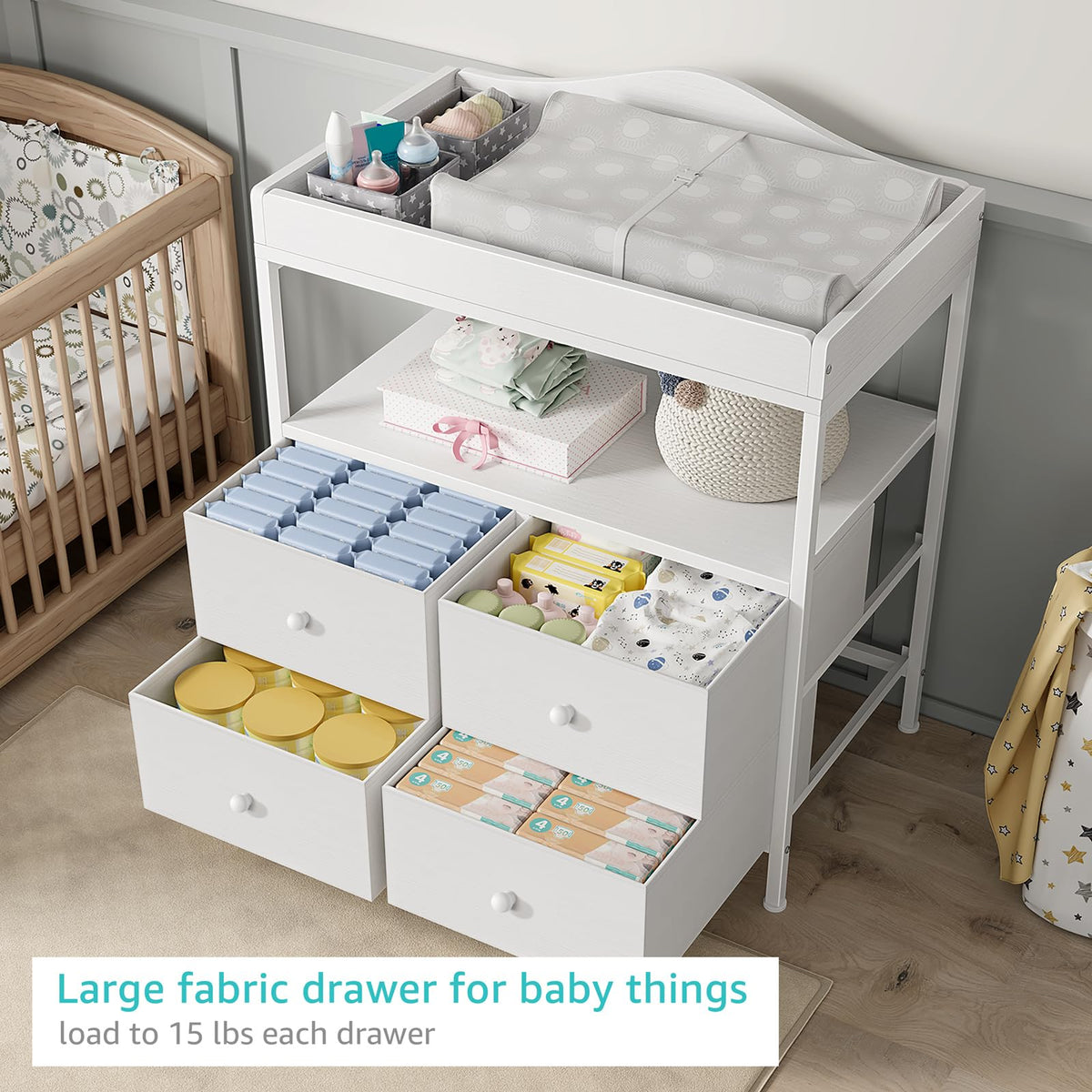 White Changing Table Dresser with 4 Fabric Drawers and Open Shelf L44409