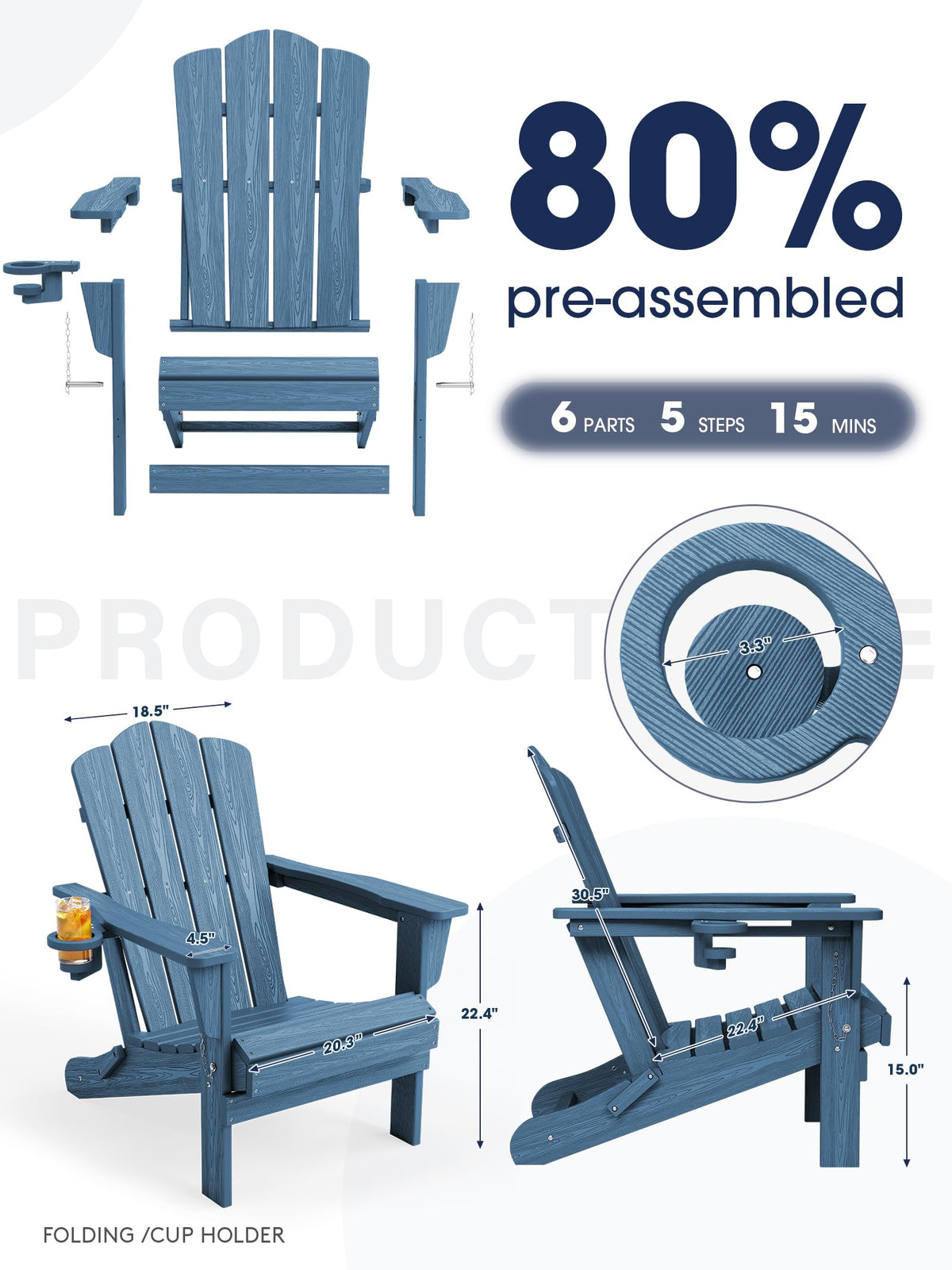 Folding Adirondack Chair Set of 2 with Cup Holder Q884
