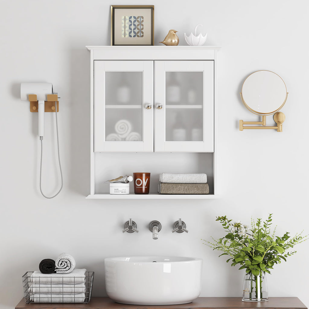 White Bathroom Wall Cabinet with Glass Doors B34372