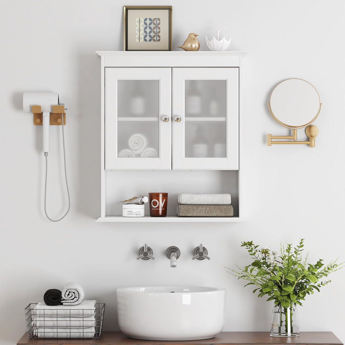 White Bathroom Wall Cabinet with Glass Doors B34372