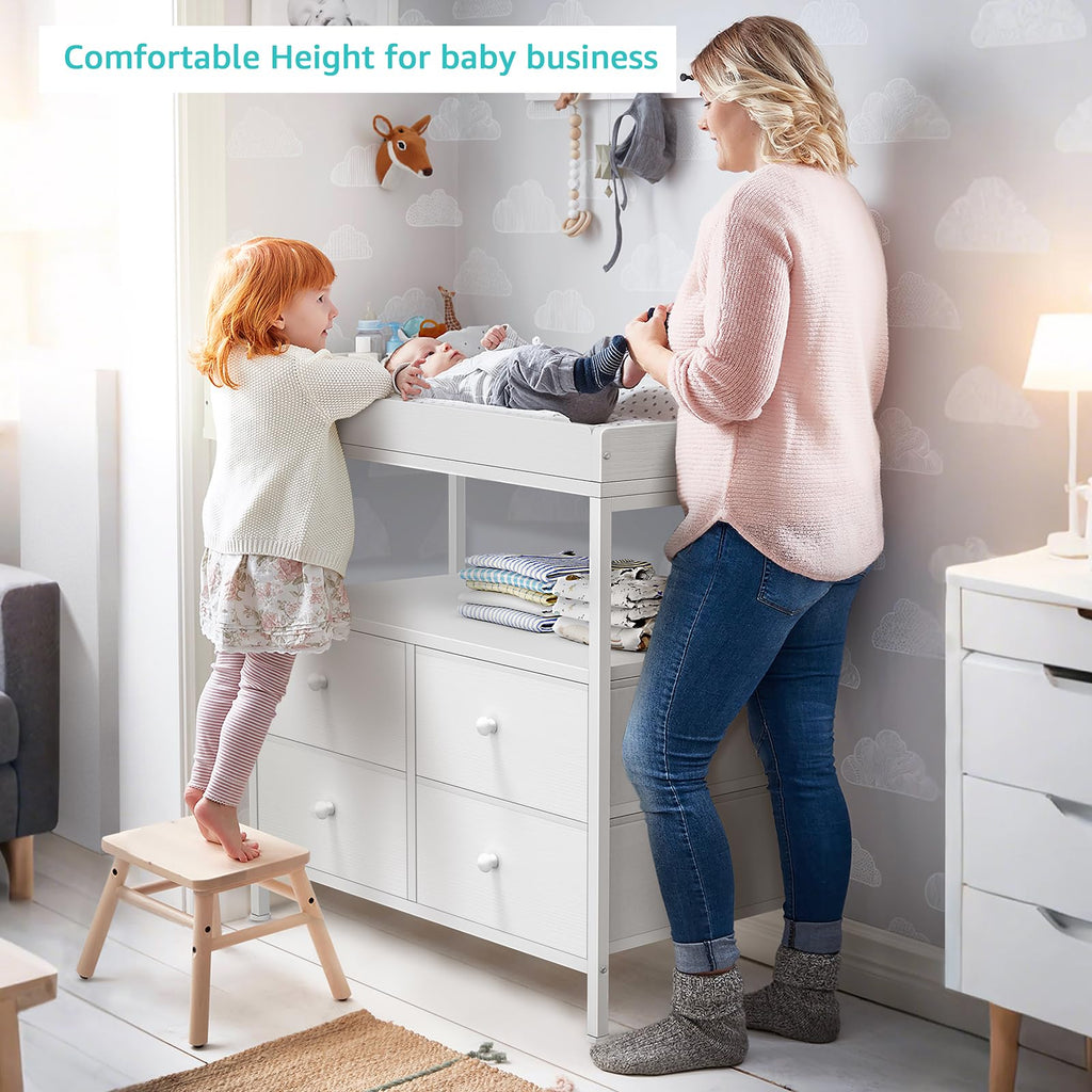 White Changing Table Dresser with 4 Fabric Drawers and Open Shelf L44409