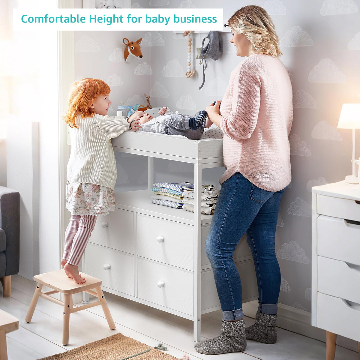 White Changing Table Dresser with 4 Fabric Drawers and Open Shelf L44409