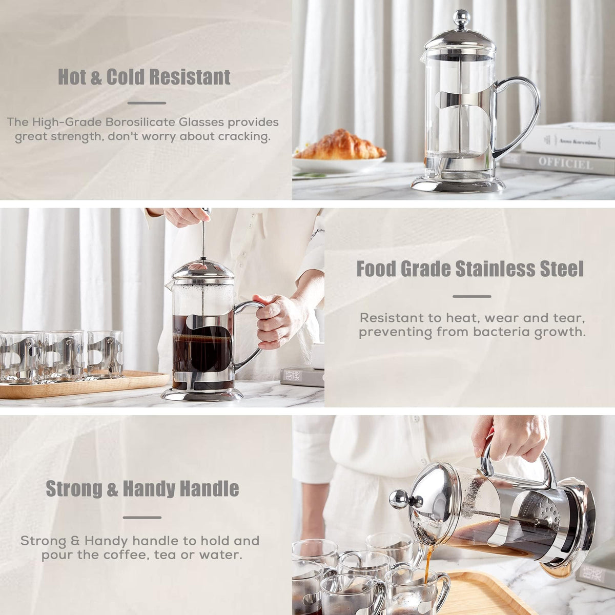 Silver 34oz French Press Coffee Maker with 4-Level Filter System J17175