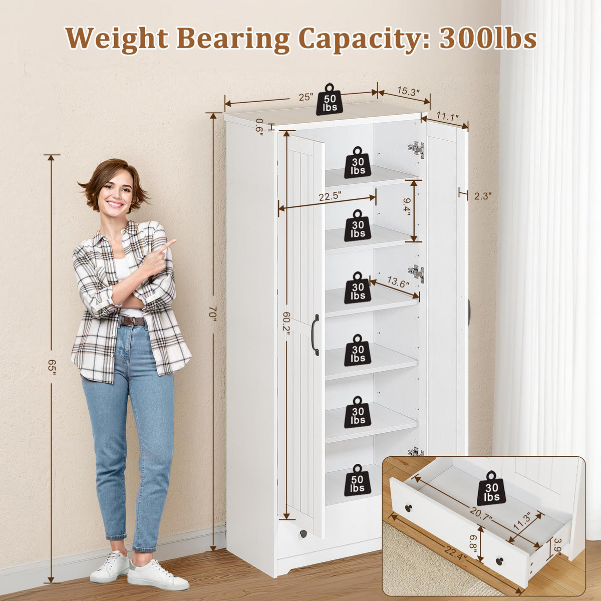 70" Tall Wood Storage Cabinet with 6 Adjustable Shelves Z444878