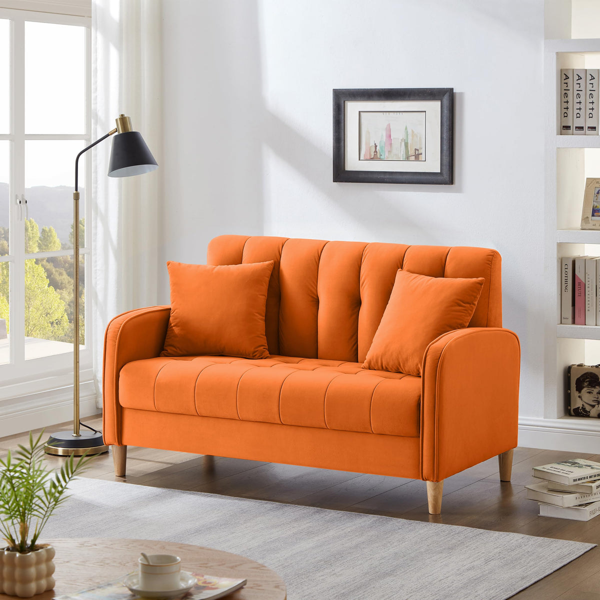 Orange Velvet Tufted Loveseat Sofa R939