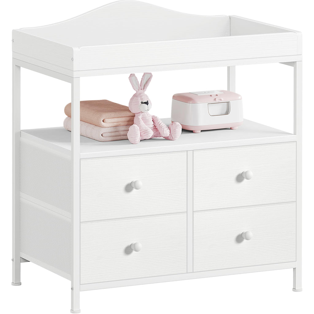 White Changing Table Dresser with 4 Fabric Drawers and Open Shelf L44409