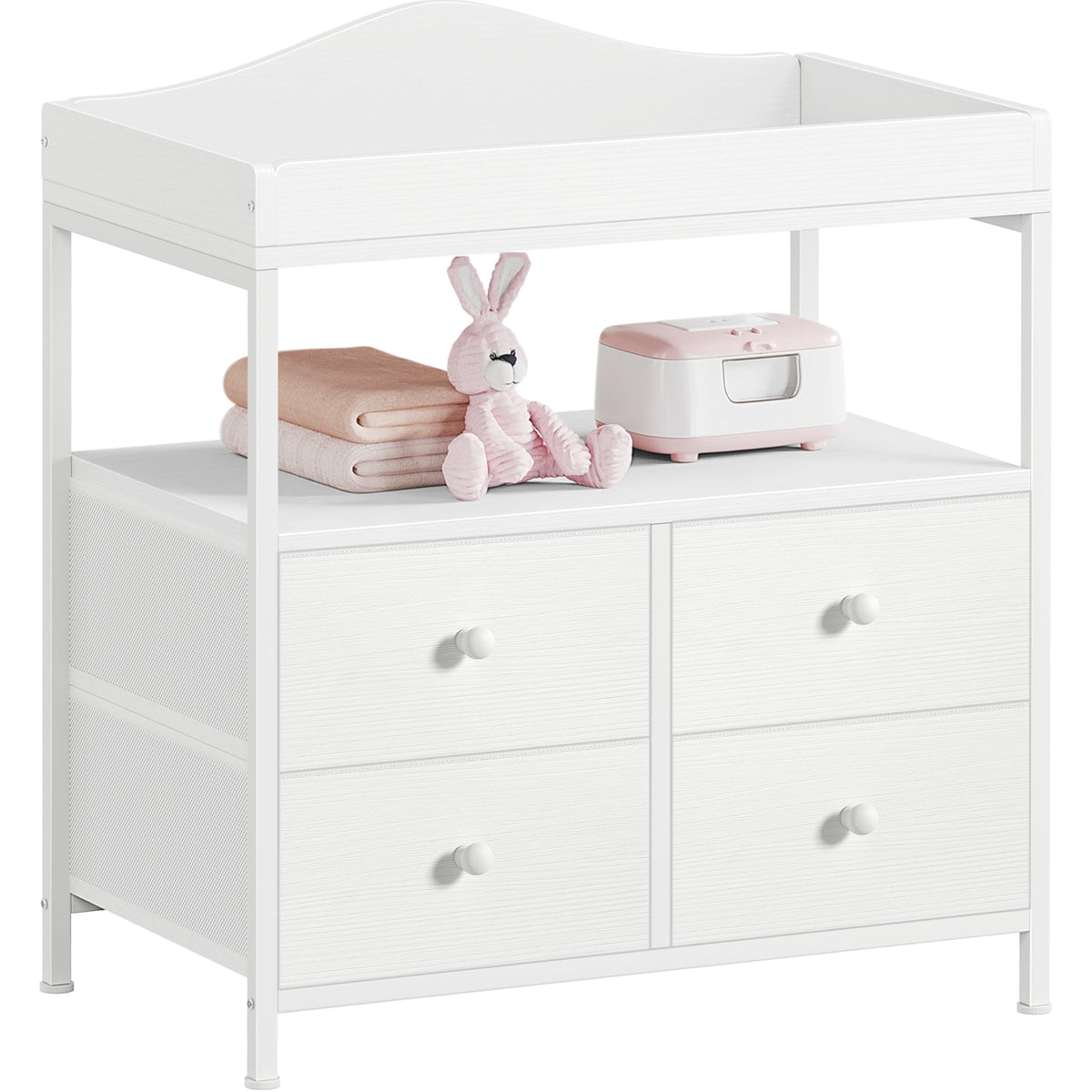 White Changing Table Dresser with 4 Fabric Drawers and Open Shelf L44409