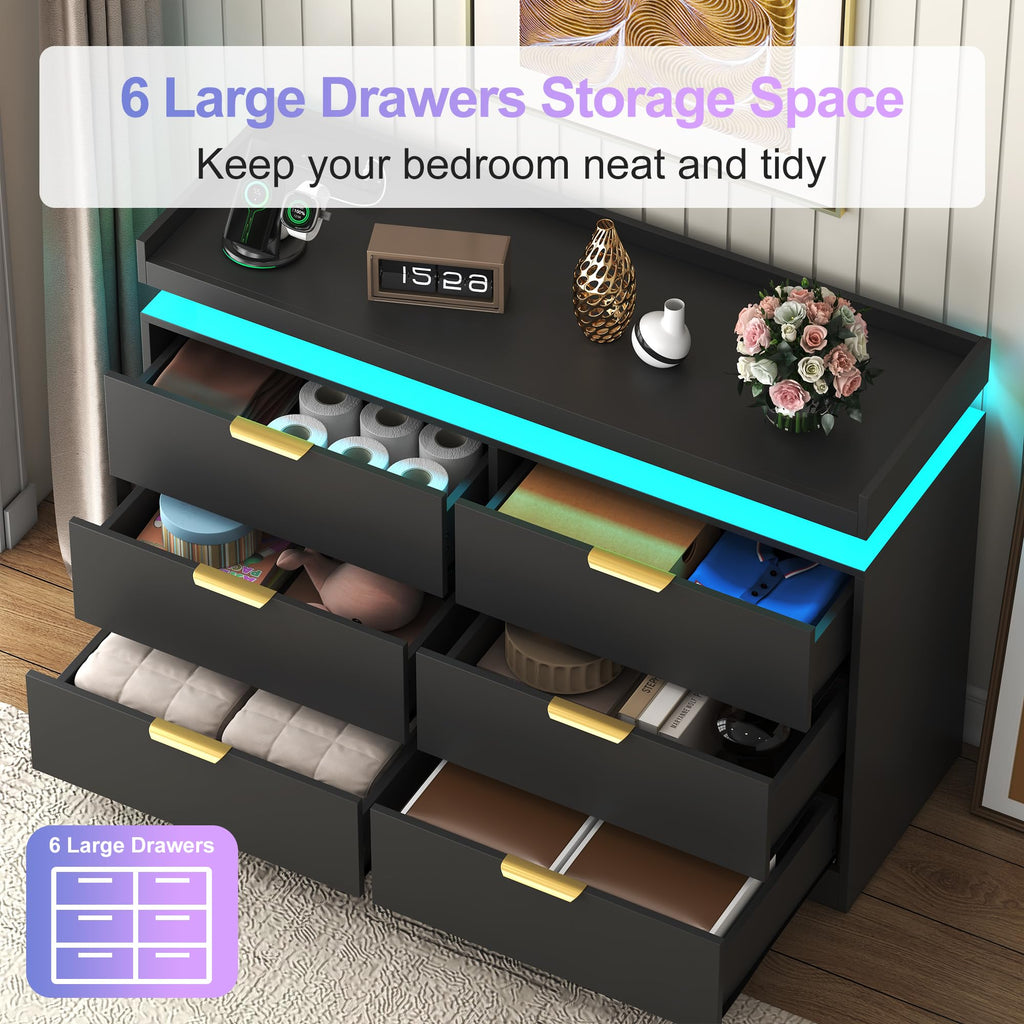 Black 6 Drawer Wood Dresser with LED Lights and Power Outlet G539637