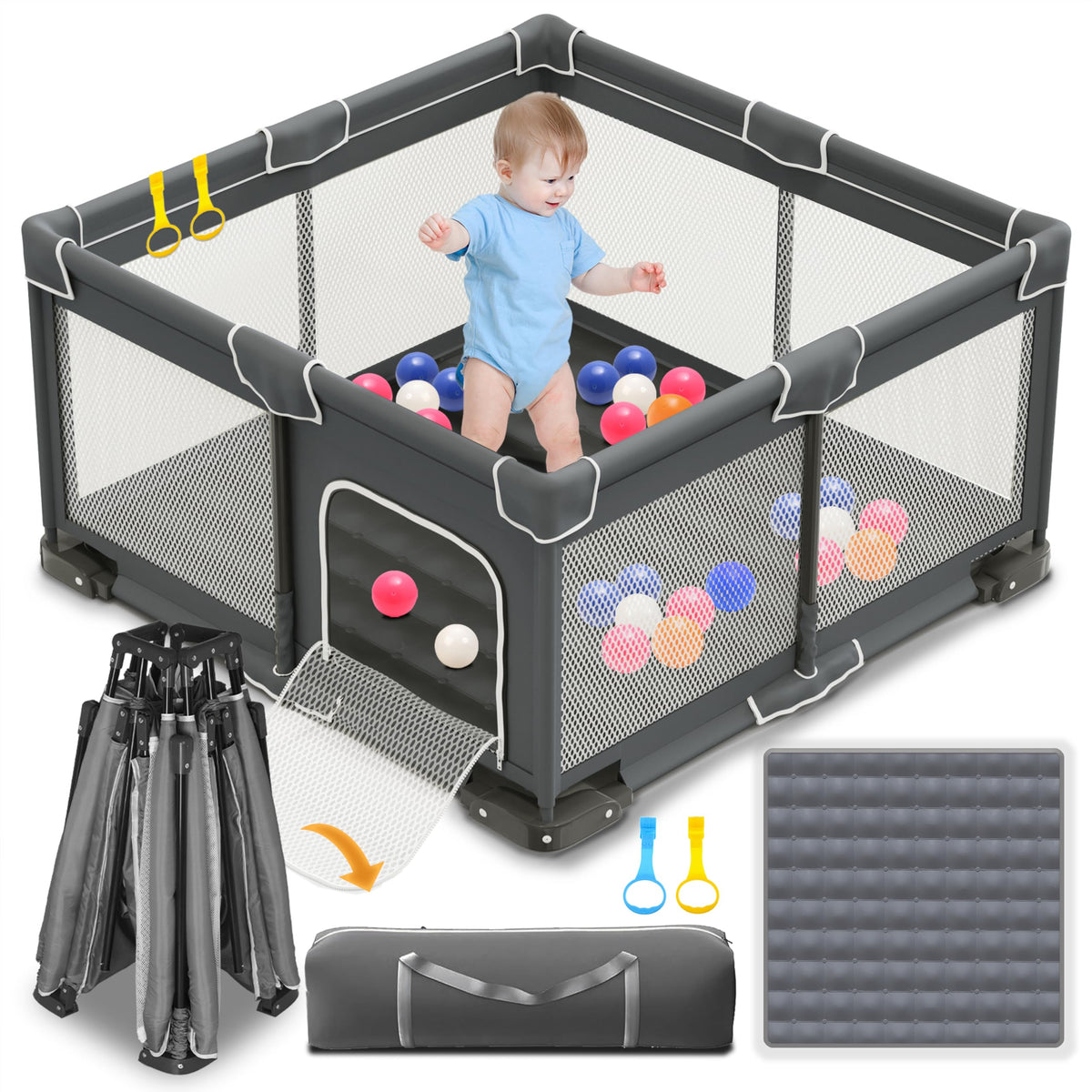 Foldable Playpen for Babies and Toddlers, 50x50 Inches Dark Gray A87502