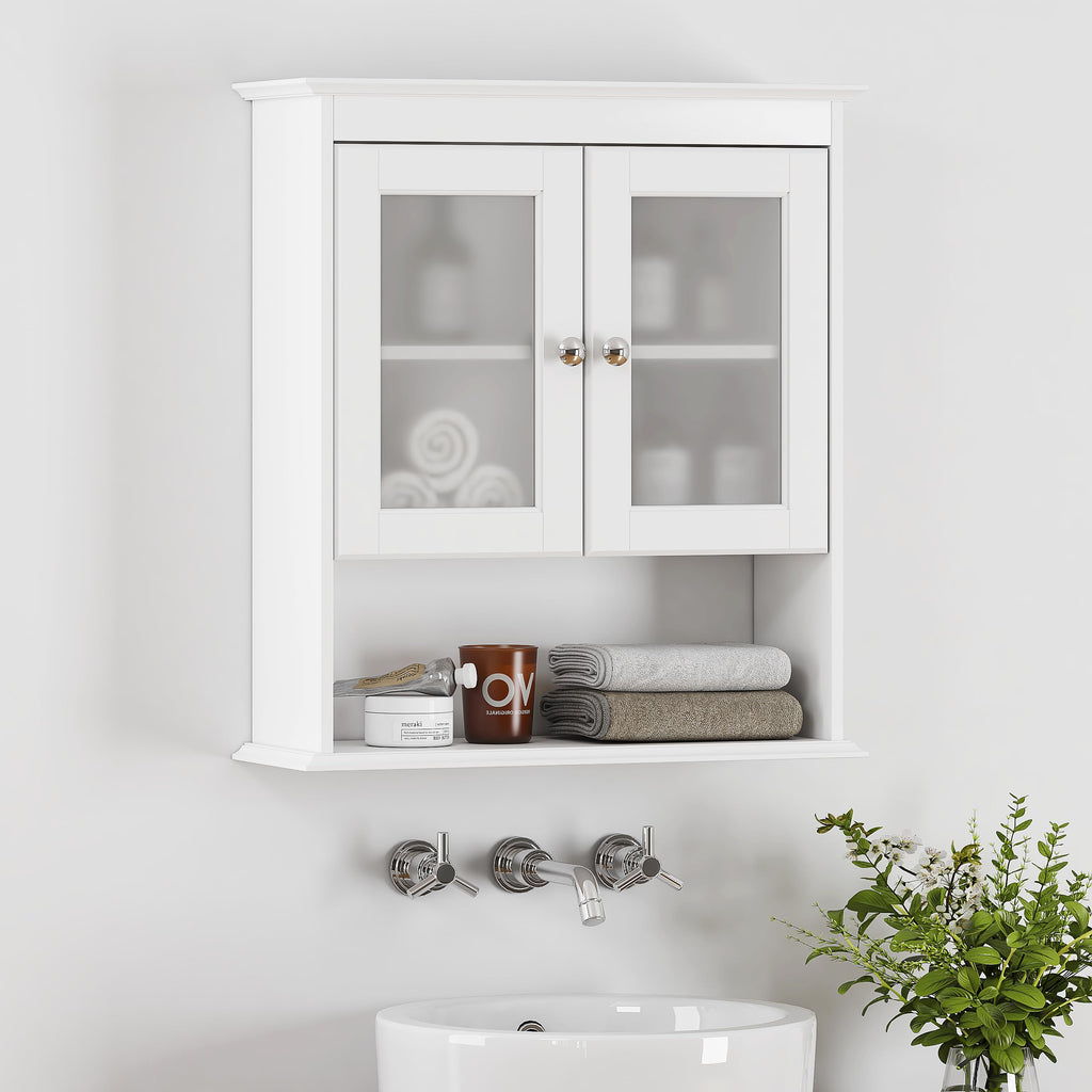 White Bathroom Wall Cabinet with Glass Doors B34372